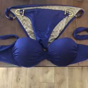 Bathing suit w/ gold accents, bandeau, strapless